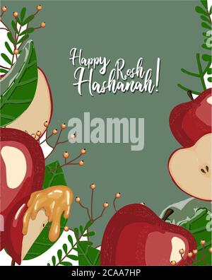 Biglietto d'auguri vettoriale per il Capodanno ebraico. Vendemmia. Mele. Rosh Hashanah. Illustrazione Vettoriale