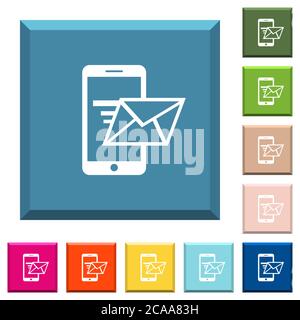 Invio di e-mail dal telefono cellulare icone bianche su tasti quadrati orlati in vari colori alla moda Illustrazione Vettoriale