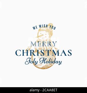 Buon Natale Abstract Vector retro etichetta, segno o modello di carta. Illustrazione dello schizzo di Snowman Golden Holiday disegnato a mano con cappello in pelliccia e vintage Illustrazione Vettoriale