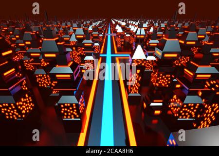 Illustrazione in 3D di una città di giochi per computer classica nello stile degli anni '80. Foto Stock