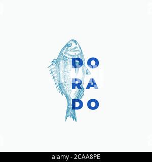 Dorado Abstract Vector Sign, Symbol or Logo Template. Disegno a mano pesca di schizzo con classica tipografia moderna. Emblema vettoriale vintage. Illustrazione Vettoriale