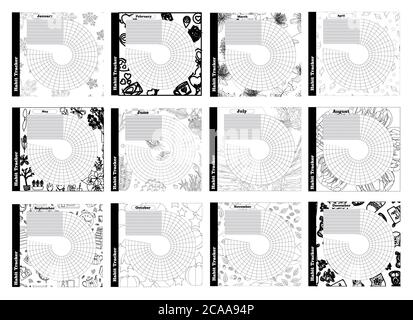 Habit tracker per un anno. 12 modelli in un set. Buone abitudini. Casi di tracciamento. Elenco attività Illustrazione Vettoriale