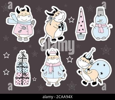 Adesivi con caratteri bue. 2021 icone vettoriali di simboli. Set di caratteri OX. Illustrazione Vettoriale