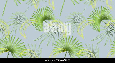 Composizione vettoriale senza giunture di foglie di palma tropicali su sfondo blu. Bella spiaggia Wallpaper. Illustrazione Vettoriale