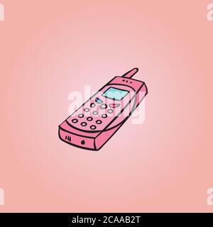 Vettore del vecchio telefono, illustrazione del telefono cellulare retro, telefono cellulare con disegno a mano, Illustrazione Vettoriale
