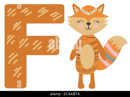 Alfabeto animale carino. Lettera F - volpe. Realizzato con amore. Illustrazione Vettoriale