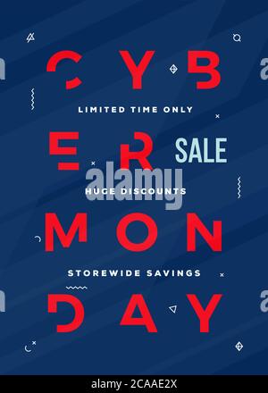 Opuscolo, scheda o modello di banner del Cyber Monday. Concetto di tipografia ridotto con Abstract Decorative Elements e Textured background. Rosso sui colori blu Illustrazione Vettoriale