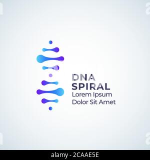 Simbolo vettore astratto a spirale DNA, simbolo o modello logo. Tecnologia moderna, Medicina o Biotecnologia emblema con tipografia. Illustrazione Vettoriale