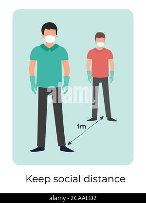 Segno di allontanamento sociale. Mantenere la distanza sociale. Mantenere la distanza di 1 metro. Illustrazione vettoriale. Misure preventive. Isolamento sociale e auto-quarantena Illustrazione Vettoriale