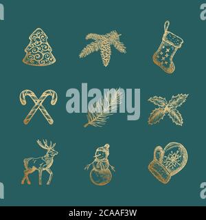 Allegro Natale di classe e felice anno nuovo Abstract Vector segni, etichette o icone Set. Renna, albero, pupazzo di neve, cookie, canne caramelle e calzino disegnati a mano Illustrazione Vettoriale