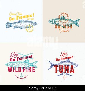 Set di etichette da pesca. Segni vettoriali astratti, simboli o modelli di logo. Schizzi di luccio, tonno, trota e salmone disegnati a mano con canne da pesca e ganci e. Illustrazione Vettoriale