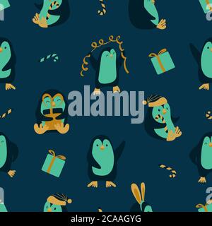Motivo senza cuciture con simpatici pinguini cartoni animati su sfondo blu scuro. Stampa divertente christmas. Illustrazione vettoriale. Illustrazione Vettoriale