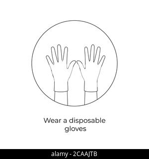 Indossare guanti, guanti protettivi, icona guanti medici, protezione automatica, guanti in lattice come simbolo di protezione contro i virus. Illustrazione Vettoriale