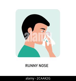Chill, influenza. Influenza, naso che cola, starnuti, virus, uomo coprire il suo starnuto con illustrazione vettore fazzoletto su sfondo bianco. Starnutire l'uomo, Illustrazione Vettoriale