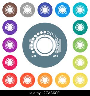 Controllo del volume con didascalie icone bianche piatte su sfondi rotondi. sono incluse 17 variazioni di colore di sfondo. Illustrazione Vettoriale