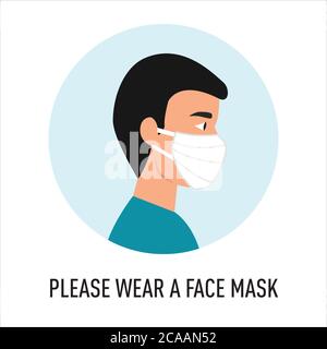 Uomo indossare maschera vettoriale. Segno Vector Wear Face Mask. Cartello segnaletico raccomanda l'uso della maschera protettiva per il viso in caso di prevenzione. Maschera di protezione da coronavirus Illustrazione Vettoriale