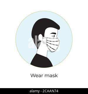 Uomo indossare maschera vettoriale. Segno Vector Wear Face Mask. Cartello segnaletico raccomanda l'uso della maschera protettiva per il viso in caso di prevenzione. Maschera di protezione da coronavirus Illustrazione Vettoriale