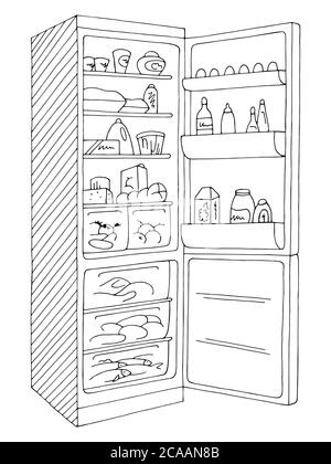 Frigorifero aperto grafico isolato nero bianco illustrazione vettore di schizzo Illustrazione Vettoriale