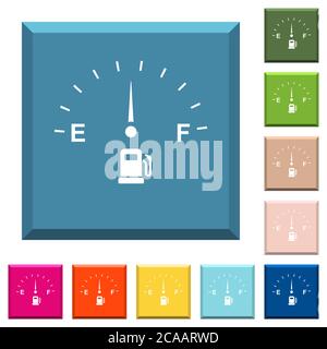 Icone bianche dell'indicatore di carburante sui pulsanti quadrati con bordi in vari colori alla moda Illustrazione Vettoriale