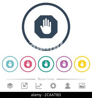 Simbolo di stop a forma di ottagono con icone a colori piatti in contorni rotondi. 6 icone bonus incluse. Illustrazione Vettoriale