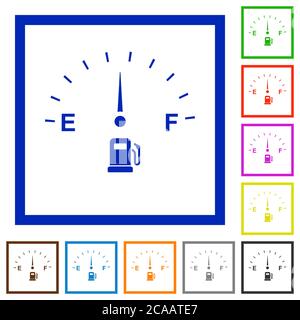 Icone di colore piatto dell'indicatore del carburante in riquadri quadrati su sfondo bianco Illustrazione Vettoriale