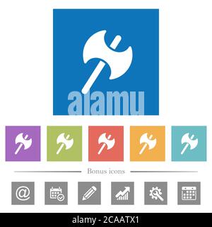 Due teste di battaglia ascia piatte icone bianche in sfondi quadrati. 6 icone bonus incluse. Illustrazione Vettoriale