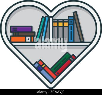 Libreria a forma di cuore con vari libri isolato illustrazione vettoriale per il Book Lovers Day il 9 agosto. Simbolo di apprezzamento della letteratura. Illustrazione Vettoriale