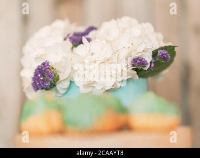 Hydrangee bianche decorate con crema verde pastello. Foto Stock