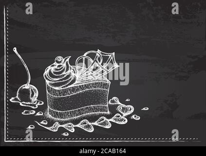 Modello vettoriale con torta di frutta con crema stilizzata come disegno di gesso su lavagna.Design per un ristorante, caffè o bar Illustrazione Vettoriale