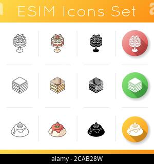 Set di icone di dessert europei. Trifle. Cucina europea. Tiramisù. Panna cotta. Dolci tradizionali italiani. Dessert inglese classico. Lineare, nero e R. Illustrazione Vettoriale