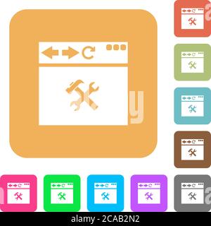 Strumenti del browser icone piatte su sfondi dai colori vivaci e quadrati arrotondati. Illustrazione Vettoriale