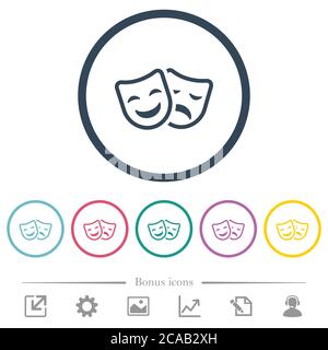 Maschere teatrali commedie e tragedie piatte icone colorate con contorni rotondi. 6 icone bonus incluse. Illustrazione Vettoriale