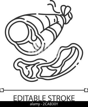 Icona lineare perfetta pixel prosciutto di Parma. Maiale arrosto su osso. tacchino affumicato. Bistecca a fette per picnic. Illustrazione personalizzabile con linee sottili. Simbolo del contorno Illustrazione Vettoriale