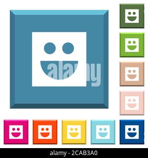 Icone bianche smiley su tasti quadrati orlati in vari colori alla moda Illustrazione Vettoriale
