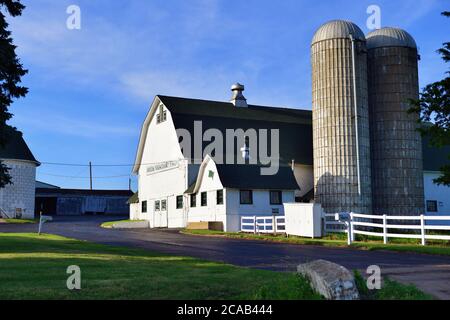 Virgil, Illinois, Stati Uniti. Un fienile caseario e silos crogiolarsi al sole nel tardo pomeriggio in una giornata estiva nel nord-est dell'Illinois. Foto Stock