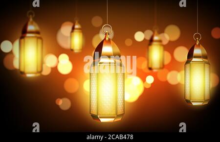 Lampade arabe, lanterne d'oro con ornamento arabo, anello e candele brucianti. Accessori per la vacanza ramadan islamica.Vintage luci luminose su sfondo sfocato illustrazione vettoriale 3d realistica Illustrazione Vettoriale