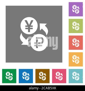 Yen Ruble icone di scambio di denaro piatto su sfondi quadrati di colore semplice Illustrazione Vettoriale