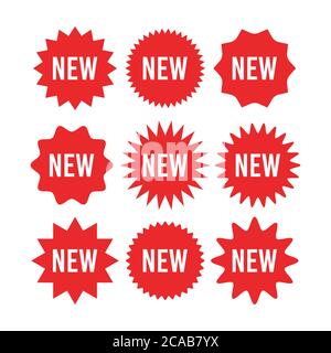 Adesivo rosso Starburst con nuovo set di segni: Badge cerchio sole e stella scoppiata ed etichette con testo sul nuovo prodotto. Illustrazione Vettoriale