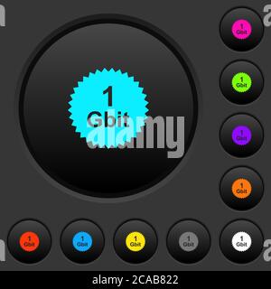Adesivo garanzia 1 Gbit pulsanti scuri con icone dai colori vivaci su sfondo grigio scuro Illustrazione Vettoriale
