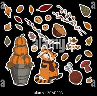 Serie di adesivi autunnali Vector. ZUCCHE E RAMI. Foglie d'autunno. Stampa per bambini per tessuti e abbigliamento. Progettazione del prodotto Illustrazione Vettoriale