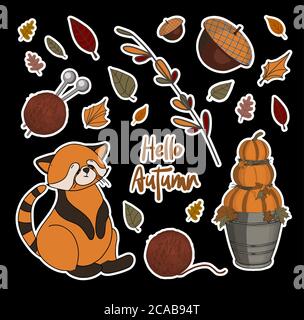 Serie di adesivi autunnali Vector. ZUCCHE E RAMI. Foglie d'autunno. Stampa per bambini per tessuti e abbigliamento. Design del prodotto.. Illustrazione Vettoriale