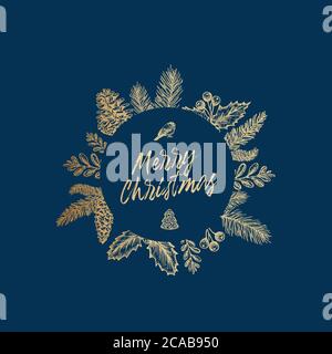 Allegro biglietto d'auguri natalizio Abstract con cornice rotonda e scritta. Emblema glitter dorato con layout disegni di schizzo. Blu Premium Illustrazione Vettoriale