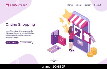 Pagina di destinazione isometrica per gli acquisti online, clienti che acquistano in negozio digitale. Donna scegliere le merci a enorme smartphone con piattaforma di mercato Internet. Gli acquirenti utilizzano l'app mobile del cyber shop. banner web vettoriale 3d Illustrazione Vettoriale