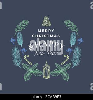 Buon Natale e felice anno nuovo Abstract biglietto di auguri o banner con la corona di Natale e la tipografia retro. Emblema di nuovo anno con disegni di schizzo Illustrazione Vettoriale