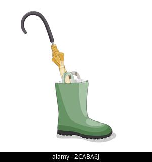 Stivale in gomma verde con ombrello giallo all'interno, illustrazione vettoriale isolata. Illustrazione Vettoriale