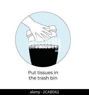Mettere i tessuti nel segno del cestino. Fazzolettini facciali in cestino. Fazzolettini e cestino. Nuova regola per il bidone della polvere. Salvietta per il lancio delle mani. Tenere pulito Illustrazione Vettoriale