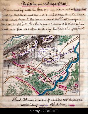 Nuova posizione del generale Thomas 20 settembre 15 - la mappa mostra la posizione delle truppe dell'Unione e confederate tra il crinale missionario e il torrente West Chickamauga. Dopo che i confederati sono riusciti a rompere le linee dell'Unione, la maggior parte delle forze dell'Unione si ritirò verso Chattanooga. Il generale George H. Thomas e i suoi uomini si tenevano in una posizione tenue sulla collina di Snodgrass e repulsarono l'assalto dopo l'assalto. Battaglia di Chickamauga - Guerra civile USA Foto Stock