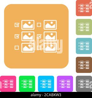 Selezione di più immagini con caselle di controllo icone piatte su sfondi quadrati arrotondati dai colori vivaci. Illustrazione Vettoriale