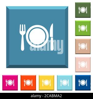 Icone bianche per la cena su bottoni quadrati con bordi in vari colori alla moda Illustrazione Vettoriale