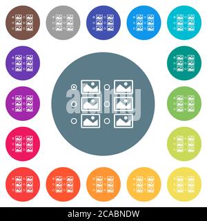 Selezione di un'immagine singola con pulsanti di opzione icone bianche piatte su sfondi rotondi. sono incluse 17 variazioni di colore di sfondo. Illustrazione Vettoriale